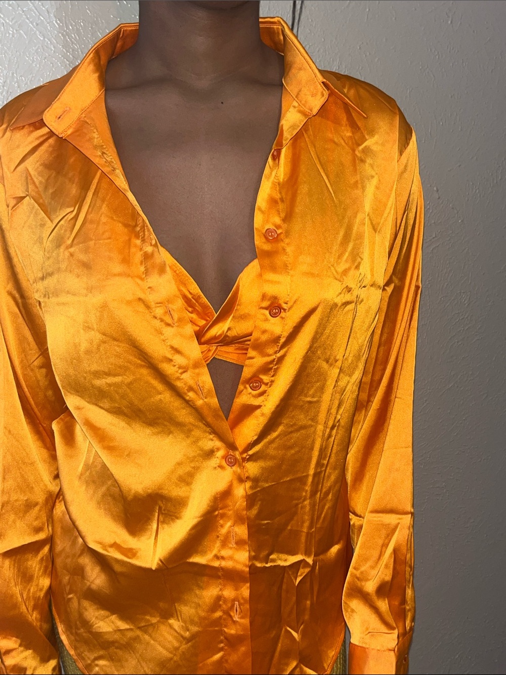 Satin Button-Up Shirt - Orange with bra